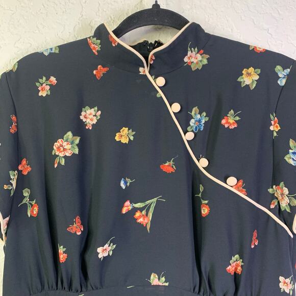 DW3 DAVID WARREN Dress‎ 8 Vintage Mandarin Floral Back Slit Cream Piping Lined - Picture 4 of 14